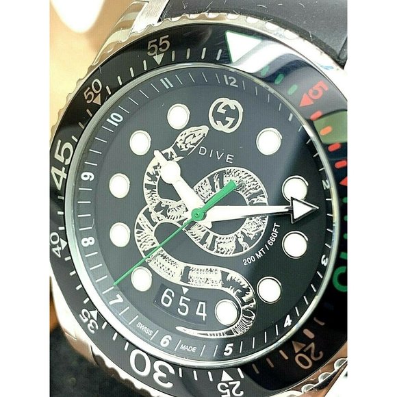 Gucci | Accessories | Gucci Mens Watch Ya36217 Swiss Quartz Diver Snake  Dial Black Rubber Band 45mm | Poshmark